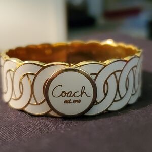 Coach Cream & Gold Signature C Jacquard Hinged Bangle Enameled Bracelet 7"